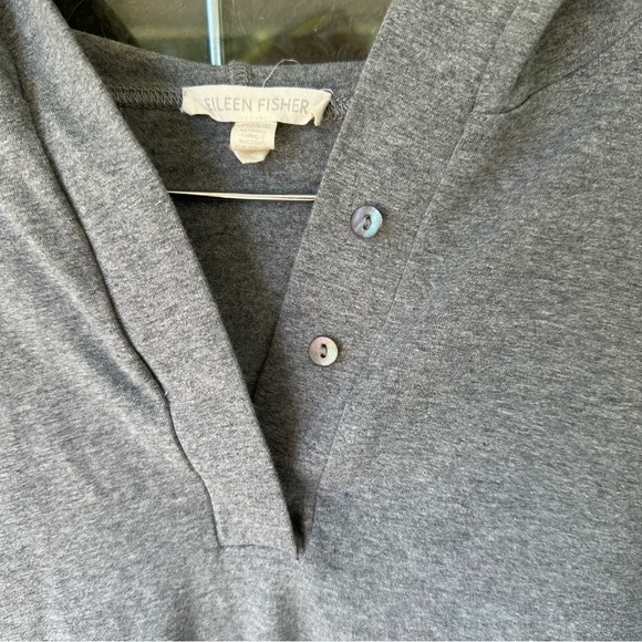 Eileen fisher large gray 1/4 button hooded split seam high low tunic cotton - Picture 5 of 8